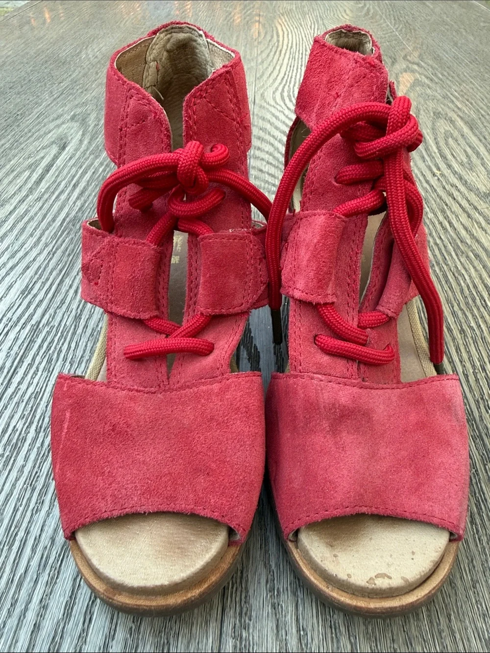 Sorel Red Suede Lace-Up Wedge Sandals
